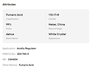Acide fumarique E297 de qualité alimentaire à 99% de pureté pour additif acidifiant des aliments et des boissons, matière première - Product Image 6