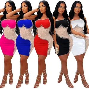 CY900756 Handmade Rhinestones Mini Dress Sexy Bodycon One Strappy Slim Dresses Women