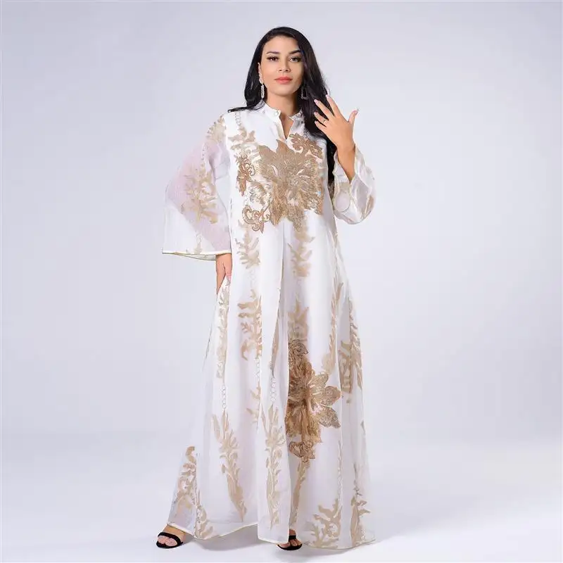 Eid เดรสอาบายาปักเลื่อมของผู้หญิง,เสื้อคลุมประจำชาติอิสลามสีขาว Jalabiya ภาษาอาหรับตุรกีคาฟตันชาวโมร็อกโกใหม่ปี2021