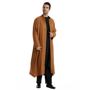 Moyen-Orient arabe marocain musulman hommes Thobe Thawb Caftan couleur unie brodé ouvert Abaya pour hommes - Product Image 5