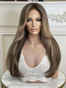 Perruque longue en dentelle complète avec mèches blond platine, coupe en couches volumineuses, cheveux vierges russes, double trame, <span class=keywords><strong>frange</strong></span> en cheveux de bébé transparente - Product Image 4