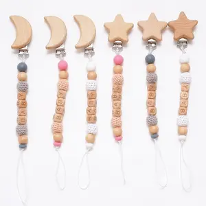 Star Moon Heart BPA Free Silicone Beech Wooden Beads Chewing Toys Baby Soothing Pacifier Chain Clip Holder