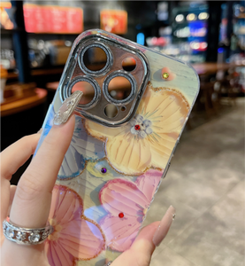 Funda para iPhone 16 Pro Max con Diseño de Flor Estilo Pintura al Óleo con Puntos de Luz Azul y Diamantes, Cubierta Trasera con Lente de Purpurina para Celular, Compatible con 15 14 13 12 Pro 11 - Product Image 4