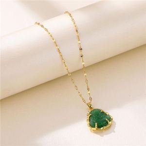 Collier en acier inoxydable plaqué or avec chaîne à maillons, pendentif Bouddha rieur en jade vert naturel, collier religieux Maitreya - Product Image 3