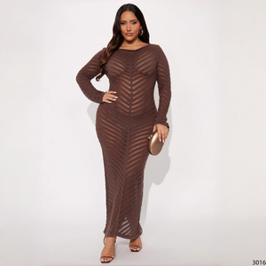 Abito Maglione Taglie Forti a Maniche Lunghe con Scollo Rotondo, Lavorazione Chevron Traforata, Vestito Lungo per Autunno Inverno, Feste, Serate ed Eventi per Donna - Product Image 1