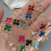 Kalung Panjang Semanggi Berdaun Empat Liontin Kristal Zirkon Perhiasan Rantai Sweater Vintage untuk Wanita 90CM