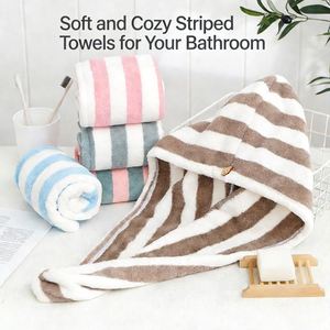 Vente en gros de bonnets de séchage pour cheveux en polaire corail rayée pour femmes, foulard à séchage rapide adapté à la maison et aux voyages, très absorbant - Product Image 3