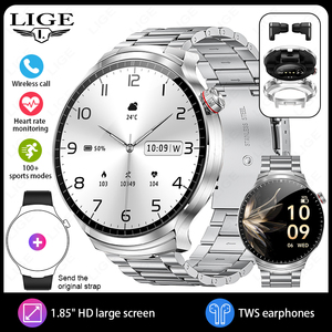 T100 <b>Smartwatch</b> Built-in TWS Earphones 1.85" Full Touch Screen 60Hz High Refresh BT Call Heart Rate Monitor IP67 Black Silver - Product Image 1