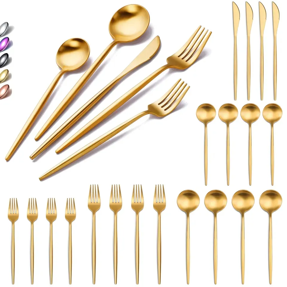 Bồ Đào Nha dao kéo số lượng lớn màu đen vàng Nhà hàng Matte Vàng Flatware Matte mạ Vàng cutipol GOA thép không gỉ thiết lập dao kéo