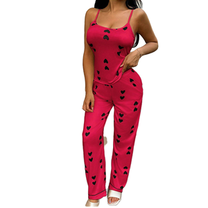 Pijama sexy de tirantes con espalda descubierta y diseño de corazón para mujer europea y americana, transpirable, de mezcla de poliéster y elastano, con pantalón largo. - Product Image 1