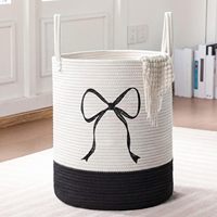 Panier à linge rond pliable en corde de coton avec nœud bleu 15x17,7 pouces pour le rangement des jouets et des couvertures des adolescentes
