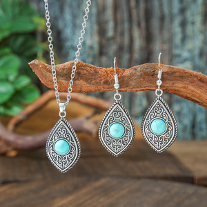 Ensemble de bijoux vintage en argent tibétain, collier et boucles d'oreilles en turquoise en forme de goutte d'eau pour femmes, mode de fête - Product Image 3