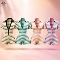 Combinaison courte rayée à manches courtes pour femme, col polo, col en V, boutonnée, coupe ajustée, style bodycon, décontractée, été, une pièce, pour femmes