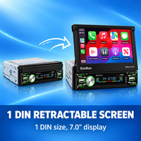 Lecteur MP5 rétractable électrique 7 pouces Single DIN 1024x600 avec CarPlay sans fil, Android Auto, radio FM, Bluetooth, kit mains libres pour voiture