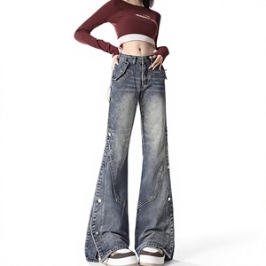 Pantalones Vaqueros Anchos de Cintura Alta para Mujer, Estilo Bootcut, Lavados, con Detalle de Botones, Logotipo Personalizado, Diseño de Moda, Venta al Por Mayor - Product Image 3