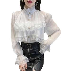 <span class=keywords><strong>Camicetta</strong></span> da donna elegante Chic <span class=keywords><strong>con</strong></span> <span class=keywords><strong>volant</strong></span> <span class=keywords><strong>con</strong></span> collo largo maniche svasate pesanti top in tessuto a maglia traspirante Patchwork di pizzo - Product Image 5