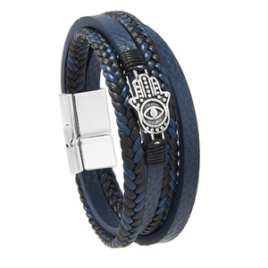 Pulsera de Cuero Multicapa con Amuleto de <span class=keywords><strong>Mano</strong></span> de <span class=keywords><strong>Hamsa</strong></span>, Cierre Magnético, Estilo Boho para Hombre - Product Image 5
