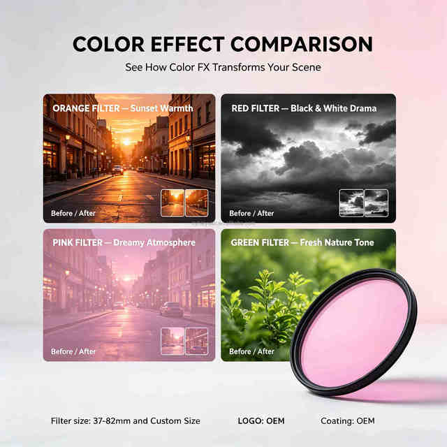 OEM Square Waterproof Aluminum Frame Optical Glass Color Filters (Red Orange Yellow Green Blue) for Camera 49-82mm Sizes