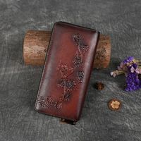 Dompet kartu genggam wanita kulit asli, dompet kartu kulit sapi Plum timbul panjang Vintage untuk wanita, dompet uang koin, Logo kustom