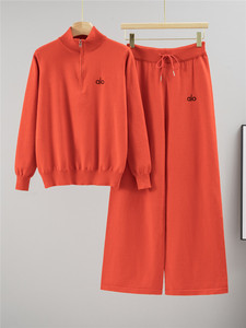 Completo da donna elegante autunno/inverno: Top a mezza zip in maglia sportiva casual e pantaloni a gamba larga, vestibilità comoda, per il tempo libero e il tempo libero. - Product Image 2
