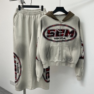 100% Cotton Embroidered Stacked Jogger Sweatpants and Hoodie Set French Terry Acid Wash Baggy <b>Tracksuit</b> Custom Men <b>Tracksuit</b> - Product Image 3