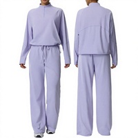 Ensemble de survêtement pour femme en tissu gaufré à séchage rapide, pull à col montant et demi-zip et pantalon à cordon de serrage