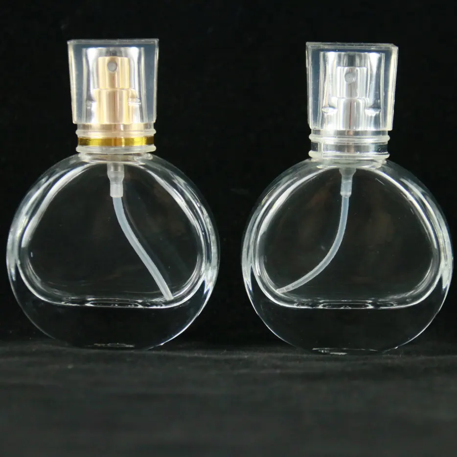 25ml 50ml Flat Round Glass Perfume Bottles Screw Neck Spray Bottle Refillable Perfume Atomizer Spray Bottle With Cap