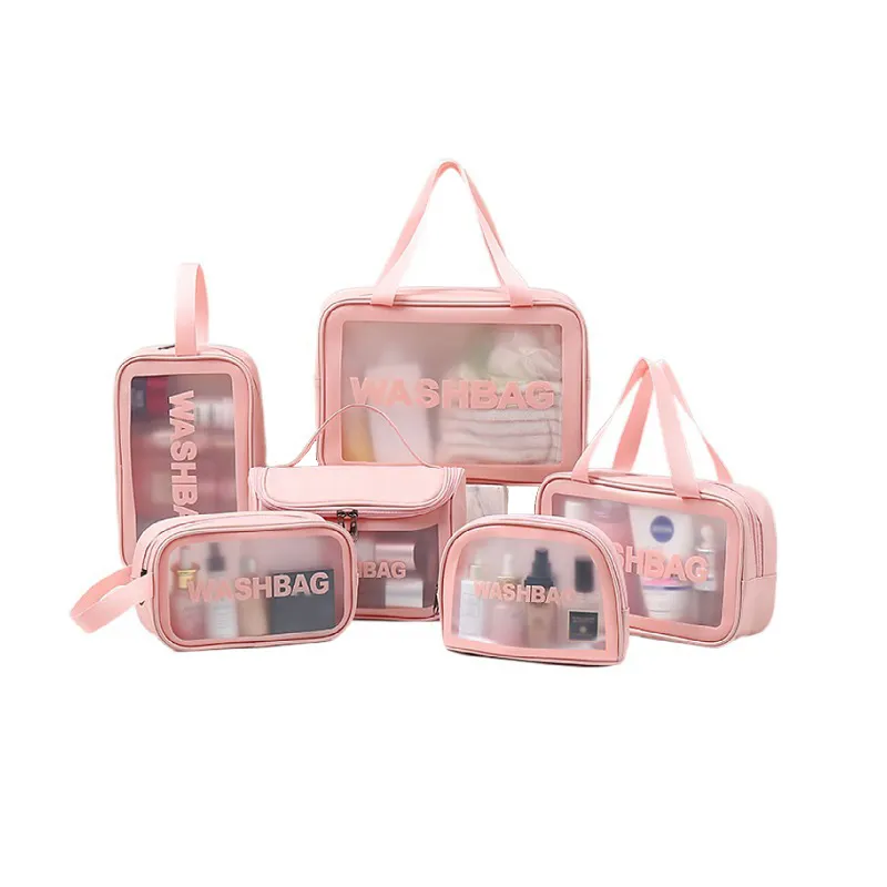 Bolsa DE ASEO negra impermeable de PVC y PU con logotipo personalizado, bolsa de maquillaje de belleza de lujo para mujer, bolsas de cosméticos transparentes de viaje para chica rosa