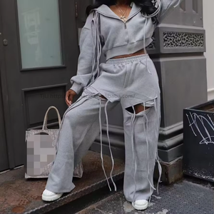 Nouveauté : Ensemble 2 pièces décontracté pour femme, pantalon ample à jambes larges avec fermeture éclair unique à capuche, vêtements de sport tendance - Product Image 6