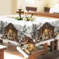 Nappe de Noël blanche stable à thème de la Nativité de Jésus, prix d'usine, pour décoration religieuse de la maison, personnalisable