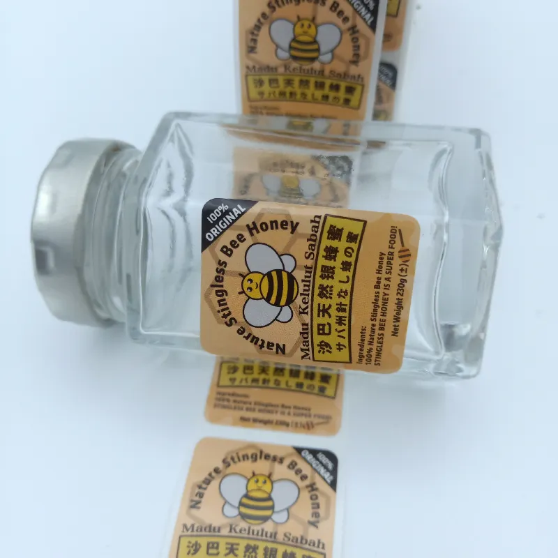 Etiquetas auto-adesivas impermeáveis, etiquetas do recipiente de comida, impressão privada, etiquetas de jarra de mel