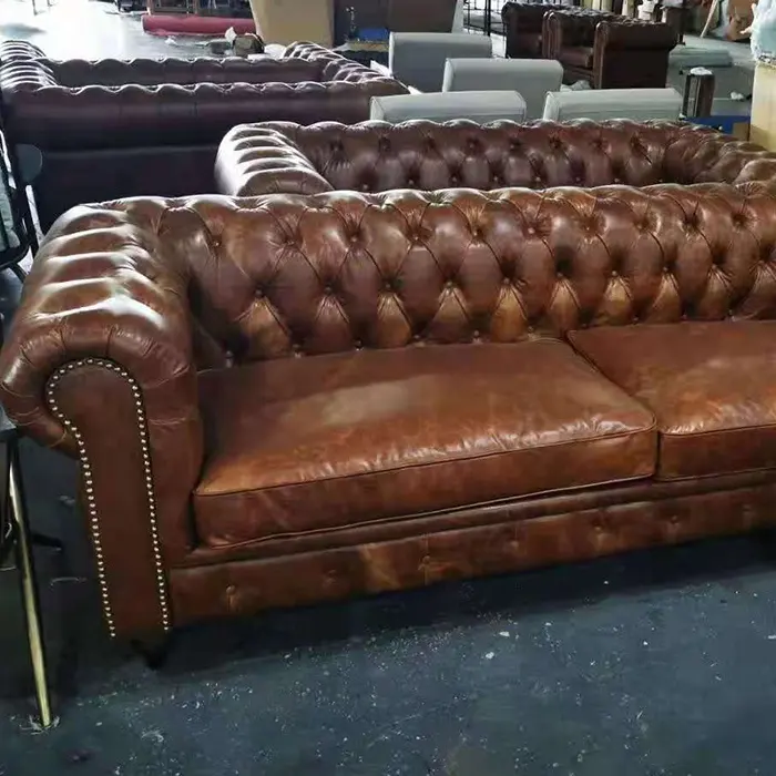 Living 100% Real Leather Couch Living Room Sofa Love Seat American Style Chesterfield Tufted Buttons Vintage Brown Tan Leather Sofa