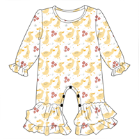 Romper Bayi Perempuan Serat Bambu Premium Lengan Panjang Motif Bintang Pita di Seluruh Badan Hiasan Ruffle Kancing Selangkangan Desain Khusus Pakaian Bayi