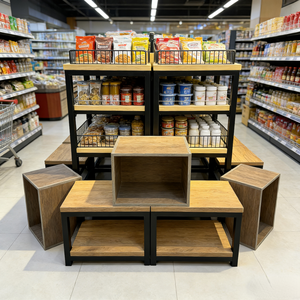 Espositore da Centro Commerciale in Acciaio e Legno, Durevole, Preassemblato, Promozionale per Supermercati, Tavolo Impilabile a Tre Livelli Regolabile - Product Image 2