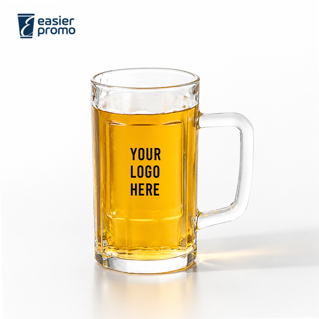 Custom Logo 16oz Glass Beer Mug with Square Branding Panel and Big Handle