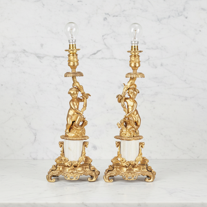 Par de Lámparas Candelabro de Estilo Rococó con Estatuas de Cupido en Oro Dorado, Latón y Mármol para Decoración del Hogar y Religión - Product Image 4