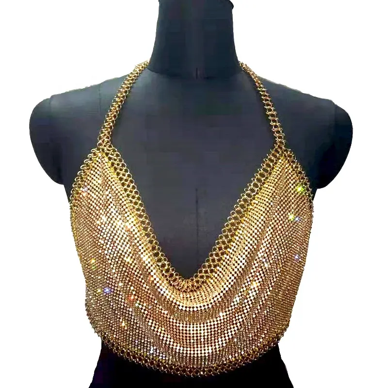 T009 Hot Sexy party dress Crystal mesh tops with rhinestone chain made up front crop top shirt