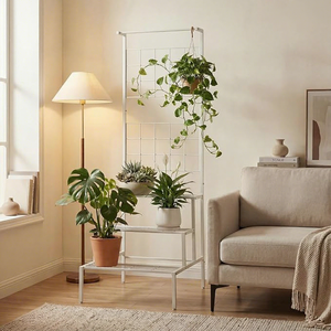 Soporte moderno de metal para flores con rejilla colgante para exhibición de plantas en interiores y exteriores, con recubrimiento de polvo blanco y diseño minimalista. - Product Image 2