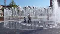 Cuadrado nueva moda colorido música agua baile piso fuente seca para niños jugando