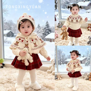 Girls Christmas Cartoon Sweater Set With Hat Thick Knit Plaid Skirt Cotton Two Piece Outfit - Product Image 2