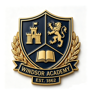 Windsor Academy <b>Badge</b> Gold Plated Zinc Alloy 3D Embossed Emblem Art Collectible Established 1862 - Product Image 1