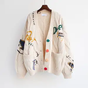 秋冬女性カーディガン暖かいニットセータージャケットポケット刺Embroideryファッションニットカーディガンコートカスタムロゴセーター