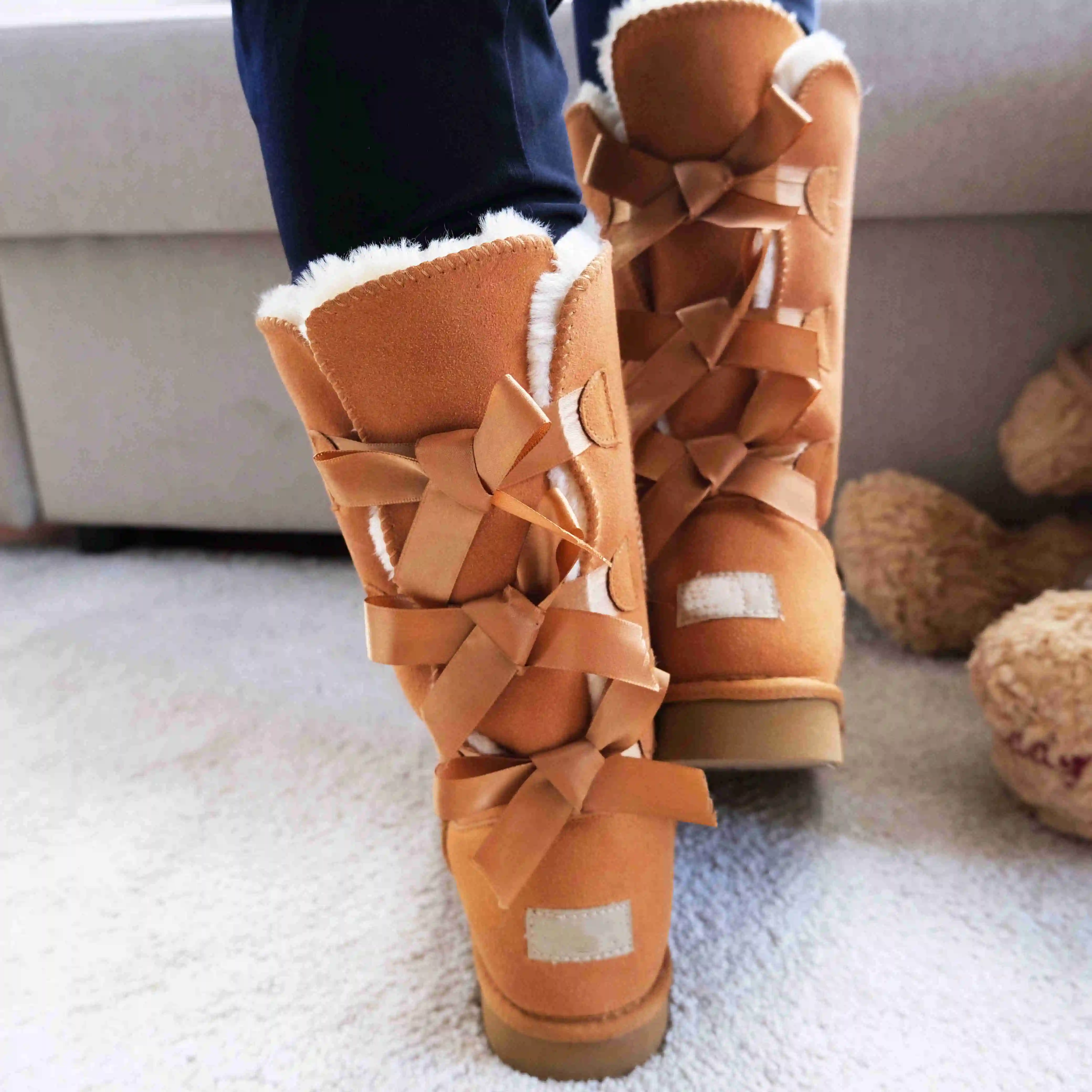 Customized Logo Warm Genuine Leather Fur Bow Lady Girls Snow Boots For Women