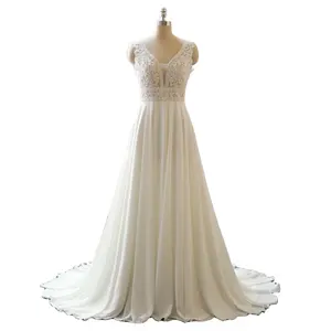 Ivory V Neck Low Back Beaded Lace Top With Chiffon Skirt A Line Wedding Dress