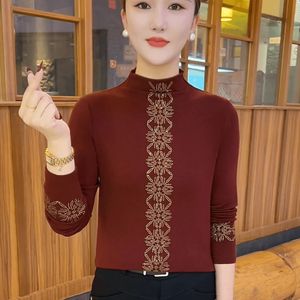 Women's Knit <b>Top</b> High Neck Solid Color Rhinestone Base <b>Layer</b> Plus Size Soft Acrylic Fiber Autumn Winter Wear - Product Image 4
