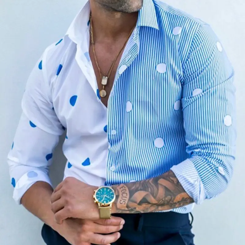 Mens fall loose casual trend printing polka dot striped long-sleeve shirts for men cardigan shirt