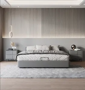 シンプルなグレーのホテルベッドベースディバンとベッドサイドテーブルキングサイズ収納ベッド木製ホテルベッドルームセット
