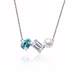 สร้อยคอพร้อมจี้สามเม็ดทองคำขาว 18K รุ่น MSN-827 จาก Messi Jewelry ประดับมุกและพลอยไพลินพาราอิบาสังเคราะห์ - Product Image 1