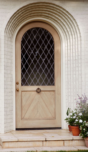 Porte d'entrée traditionnelle en bois Qifan avec panneau en verre cintré et lames verticales, design à battants - Product Image 6