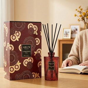 Aikun Home Decor Printed Box Fig Woody Custom Fragrance <b>200ml</b> Dark Red Thick Glass <b>Bottle</b> Reed Diffuser Set For Reading Room - Product Image 1